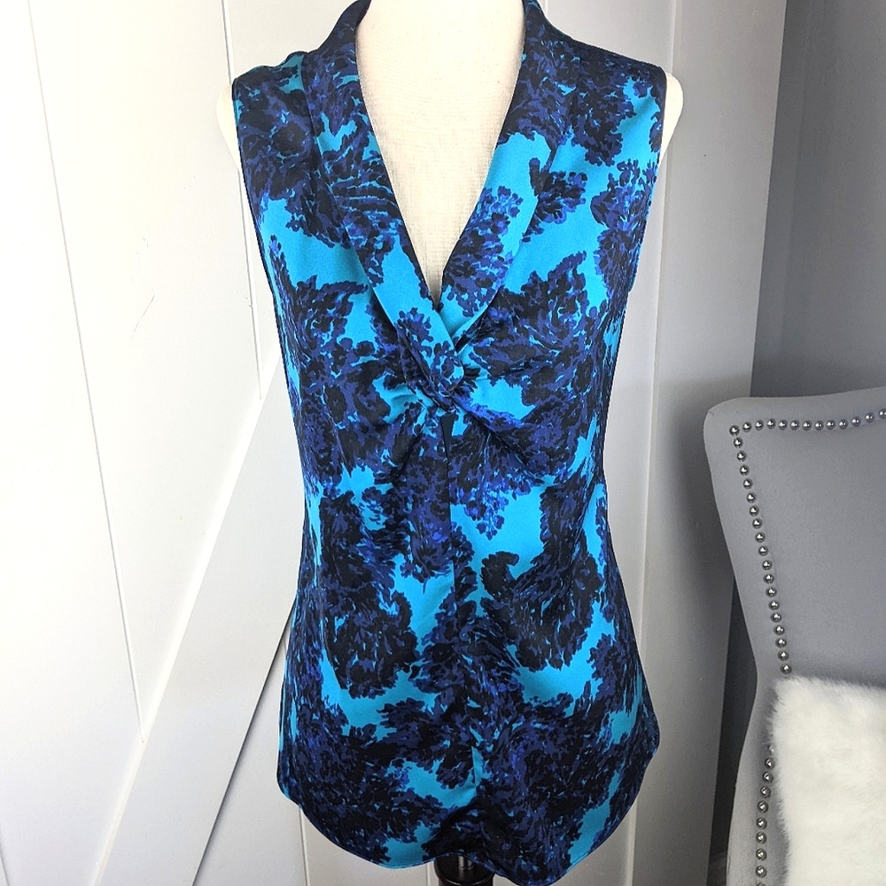 Ann Taylor Floral Sleeveless Blouse with Rolled V Neck